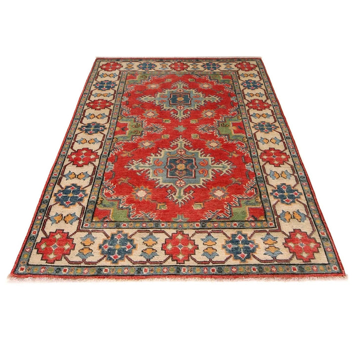 Red Afghan Kazak Rug 3' 4" x 4' 8" Hand-Knotted | No. AL62522