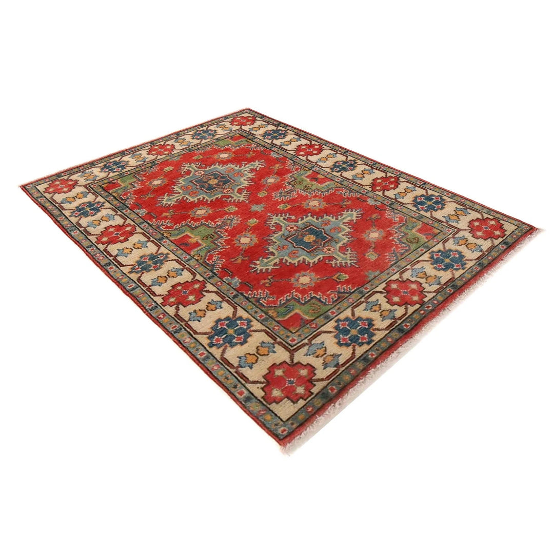 Red Afghan Kazak Rug 3' 4" x 4' 8" Hand-Knotted | No. AL62522