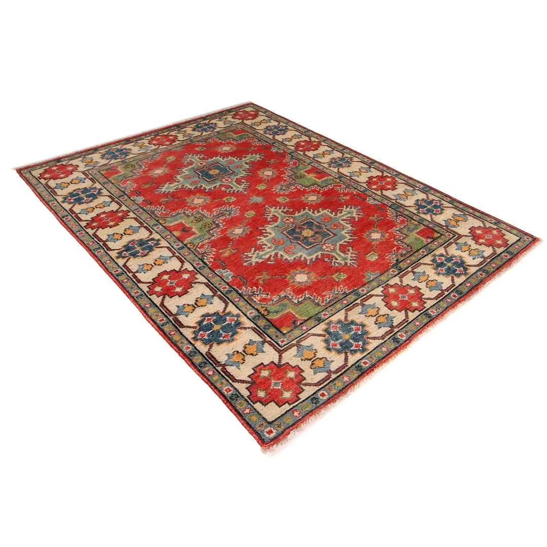 Red Afghan Kazak Rug 3' 4" x 4' 8" Hand-Knotted | No. AL62522
