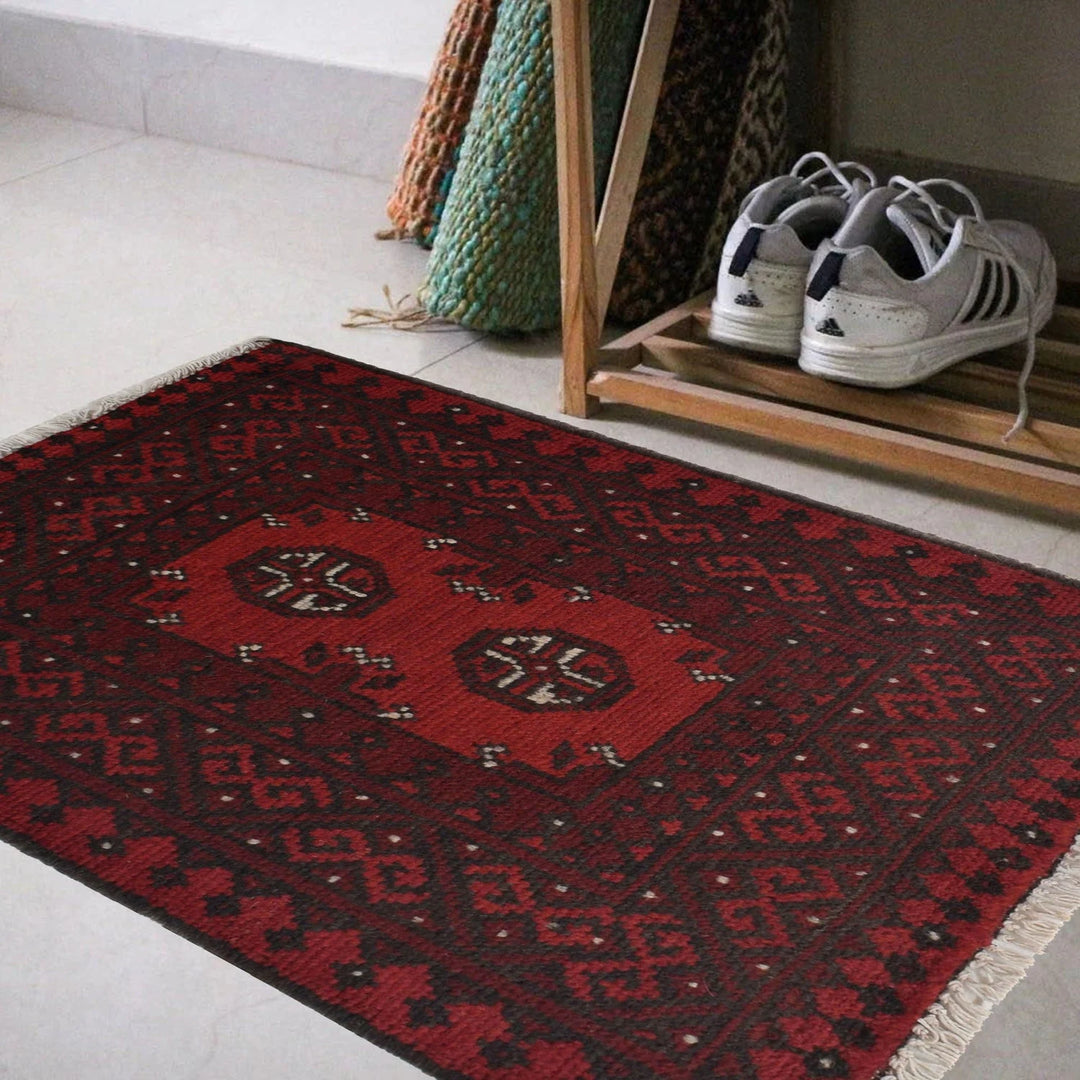 Red Afghan Oriental Rug 1' 9" x 2' 2" Hand-Knotted | No. AL62598