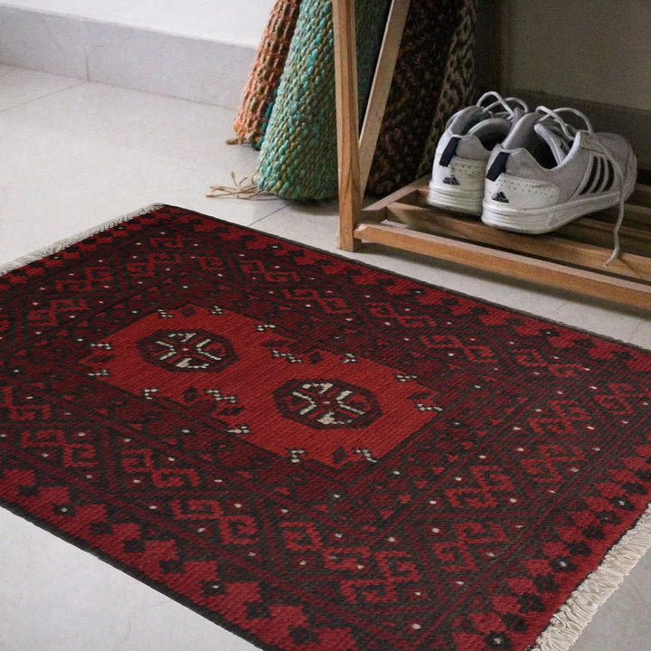 Red Afghan Oriental Rug 1' 9" x 2' 2" Hand-Knotted | No. AL62598
