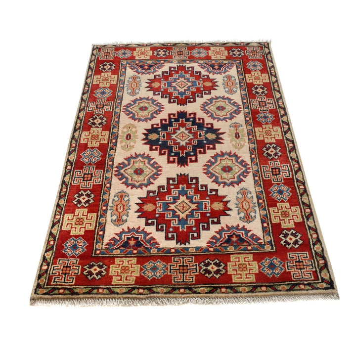 Ivory Afghan Kazak Rug 2' 9" x 4' 2" Hand-Knotted | No. AL62677