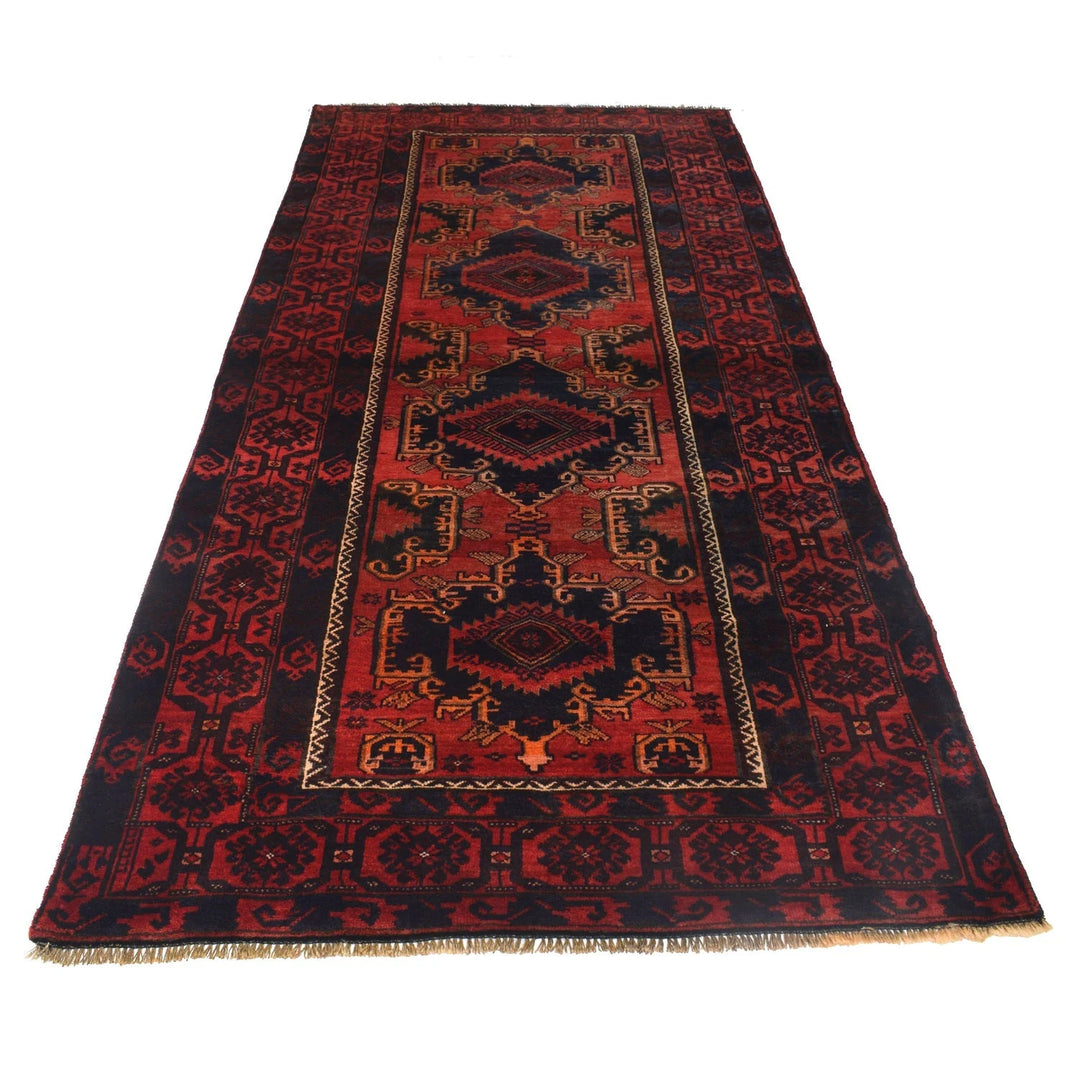 Red Afghan Baluchi Rug 4' 0" x 8' 10" Hand-Knotted | No. AL62822