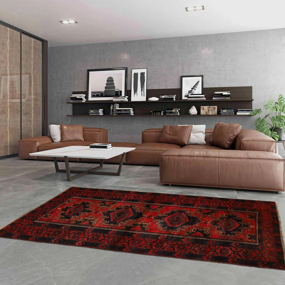 Red Afghan Baluchi Rug 4' 0" x 8' 10" Hand-Knotted | No. AL62822