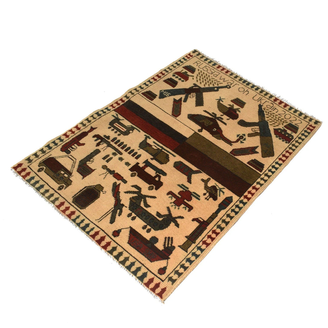 Beige Afghan War Carpet Rug 2' 7" x 3' 9" Hand-Knotted | No. AL62827