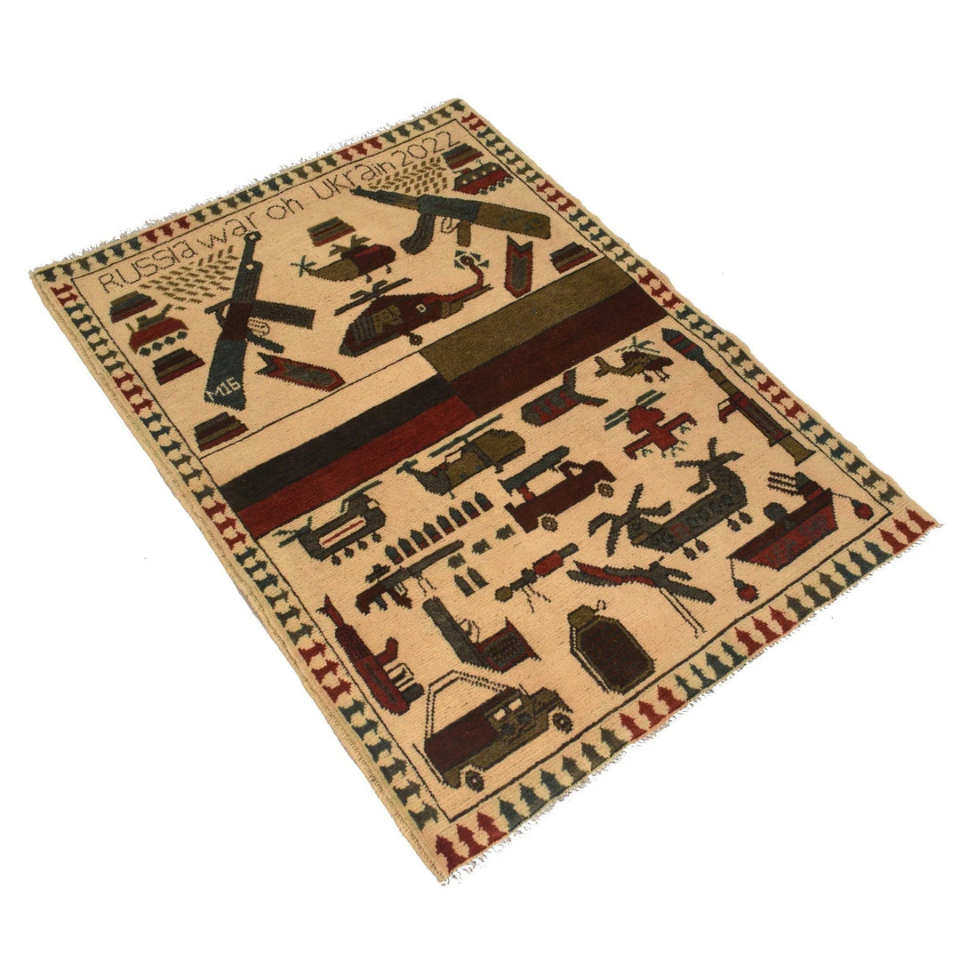 Beige Afghan War Carpet Rug 2' 7" x 3' 9" Hand-Knotted | No. AL62827