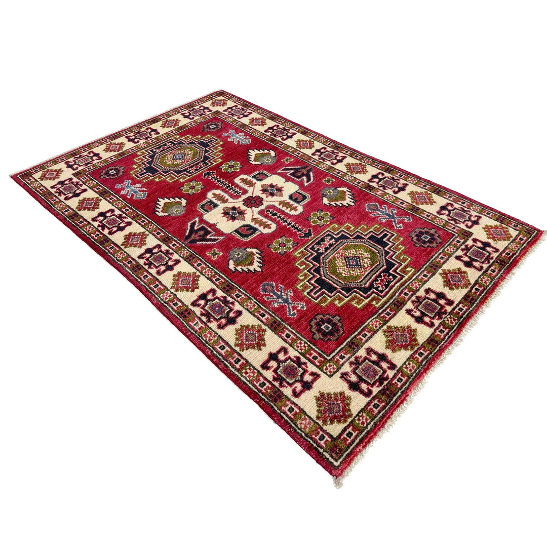 Red Afghan Kazak Rug 2' 7" x 4' 2" Hand-Knotted | No. AL62931
