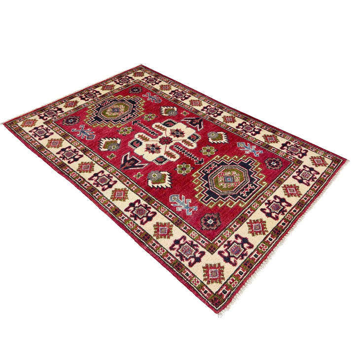 Red Afghan Kazak Rug 2' 7" x 4' 2" Hand-Knotted | No. AL62931