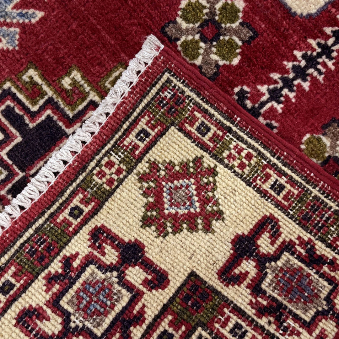 Red Afghan Kazak Rug 2' 7" x 4' 2" Hand-Knotted | No. AL62931