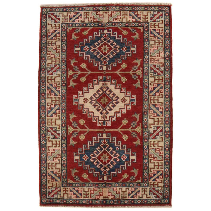 Red Afghan Kazak Rug 3' 2" x 4' 9" Hand-Knotted | No. AL63037