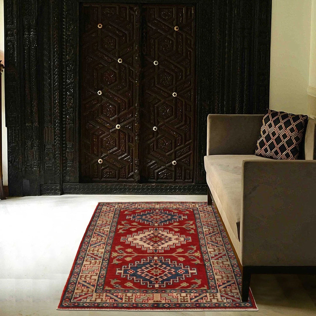 Red Afghan Kazak Rug 3' 2" x 4' 9" Hand-Knotted | No. AL63037