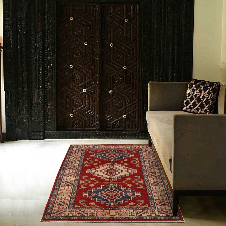 Red Afghan Kazak Rug 3' 2" x 4' 9" Hand-Knotted | No. AL63037