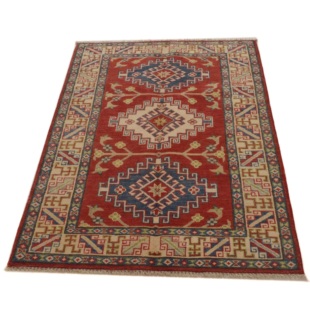 Red Afghan Kazak Rug 3' 2" x 4' 9" Hand-Knotted | No. AL63037