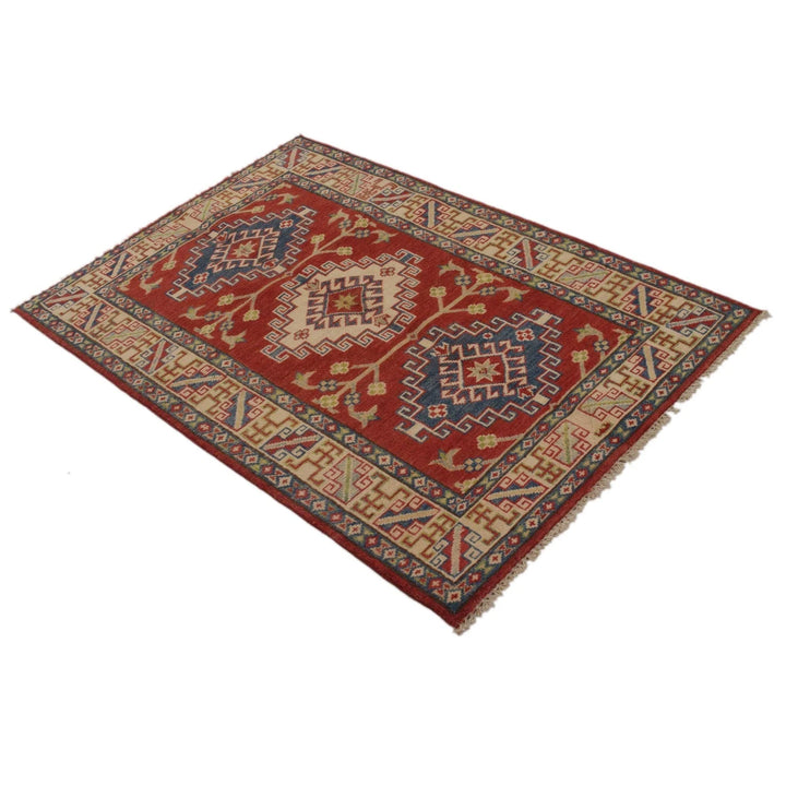 Red Afghan Kazak Rug 3' 2" x 4' 9" Hand-Knotted | No. AL63037