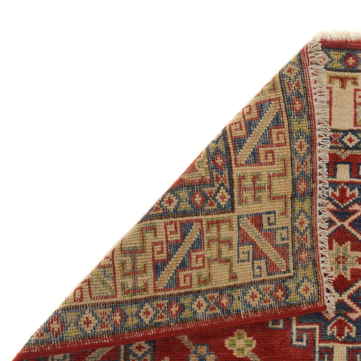 Red Afghan Kazak Rug 3' 2" x 4' 9" Hand-Knotted | No. AL63037