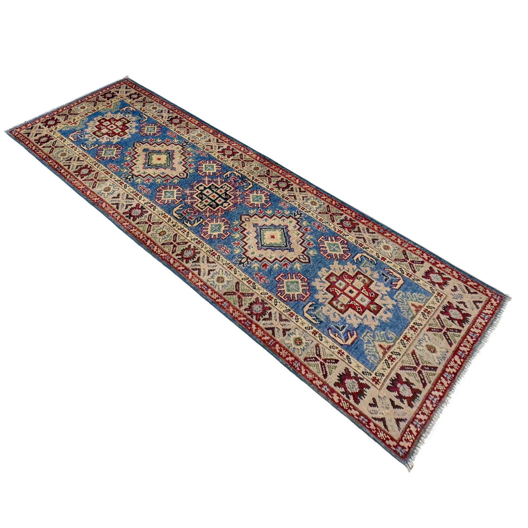 Blue Afghan Kazak Rug 2' 1" x 6' 3" Hand-Knotted | No. AL63041