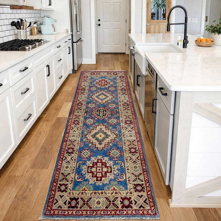 Blue Afghan Kazak Rug 2' 1" x 6' 3" Hand-Knotted | No. AL63041
