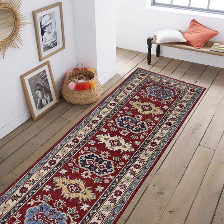 Red Afghan Kazak Rug 2' 0" x 5' 10" Hand-Knotted | No. AL63145