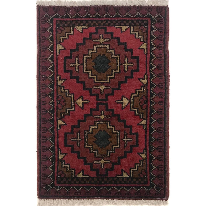 Red Afghan Oriental Doormat 1' 4" x 2' 2" Hand-Knotted | No. AL63245