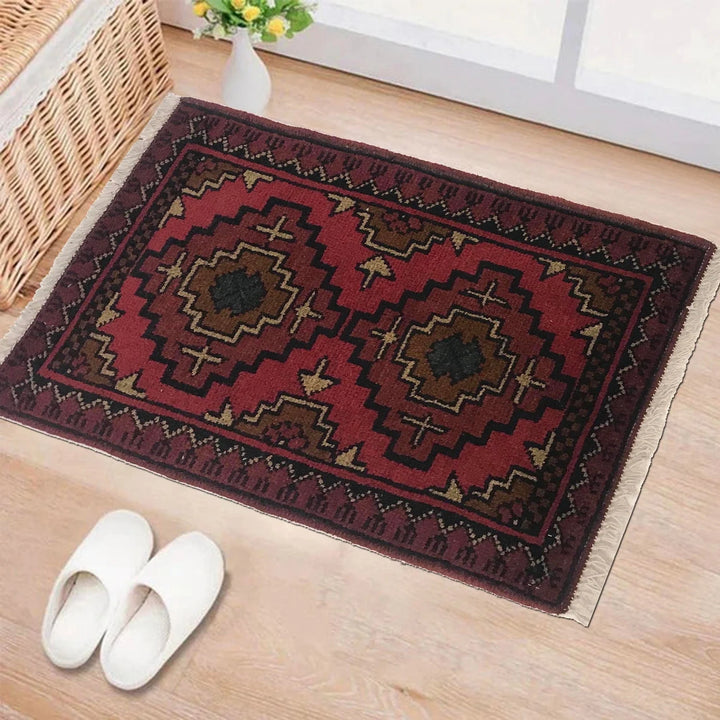 Red Afghan Oriental Doormat 1' 4" x 2' 2" Hand-Knotted | No. AL63245