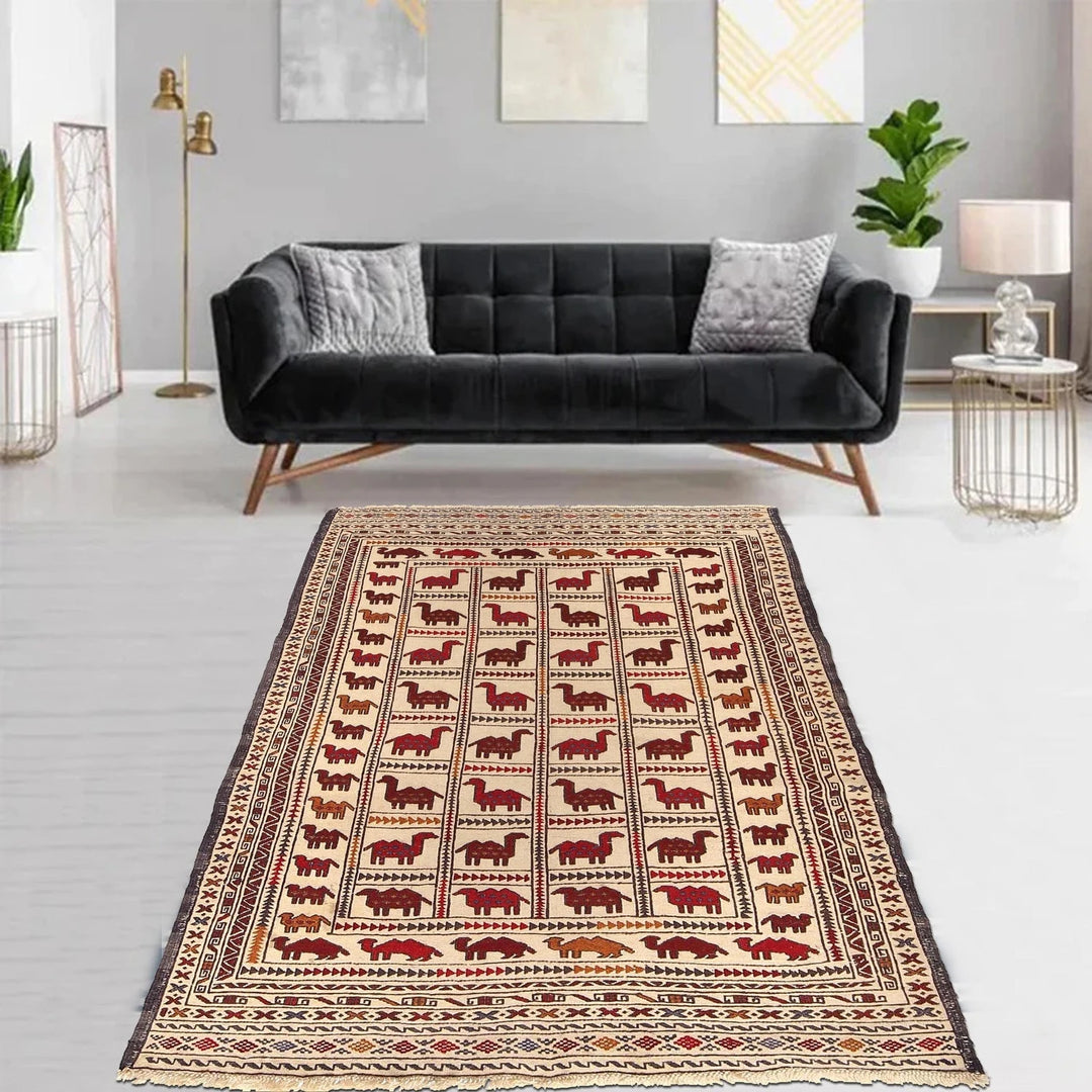 White Afghan Soumak Rug 4' 2" x 6' 6" Flat-Weave | No. AL63251
