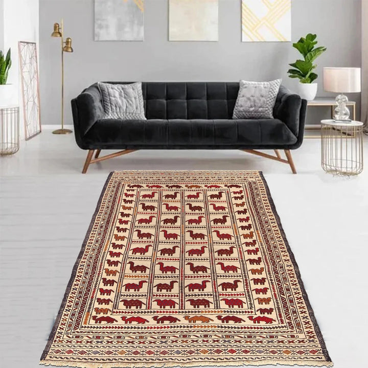 White Afghan Soumak Rug 4' 2" x 6' 6" Flat-Weave | No. AL63251