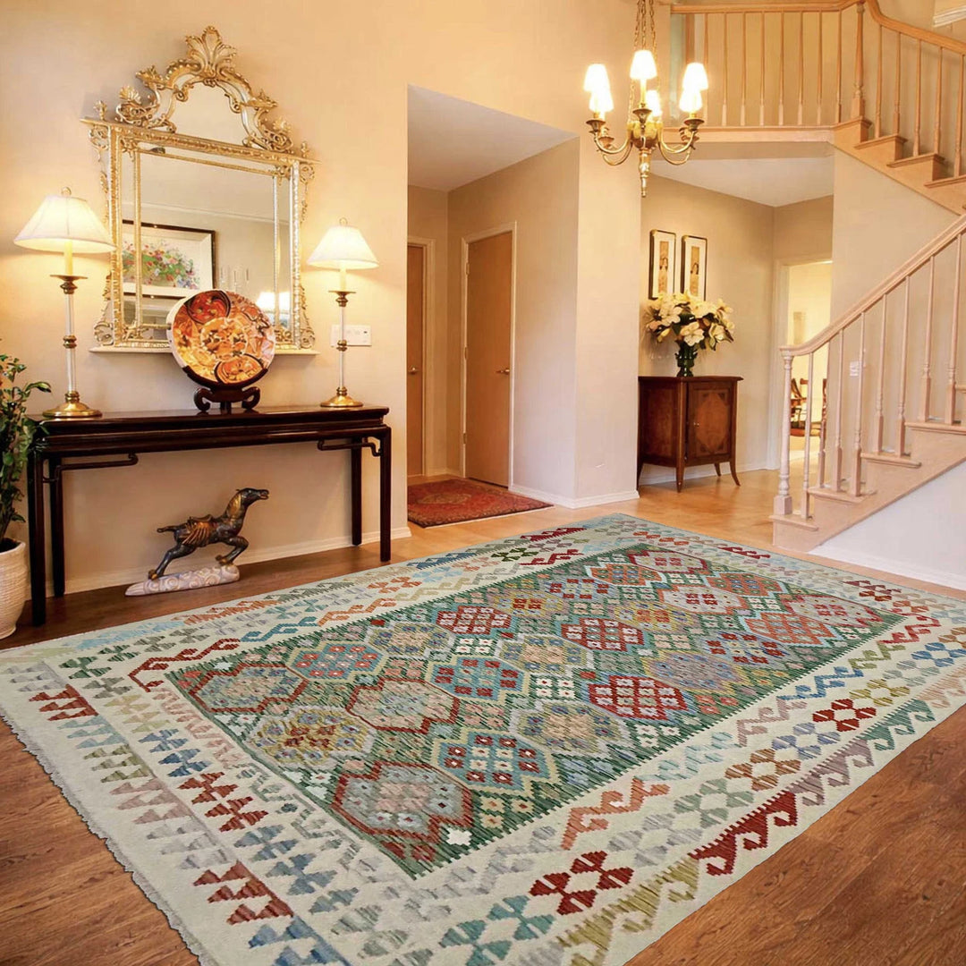 Afghan Vegetable Kilim Rug 6' 4" x 9' 5" Flat-Weave | No. AL632607