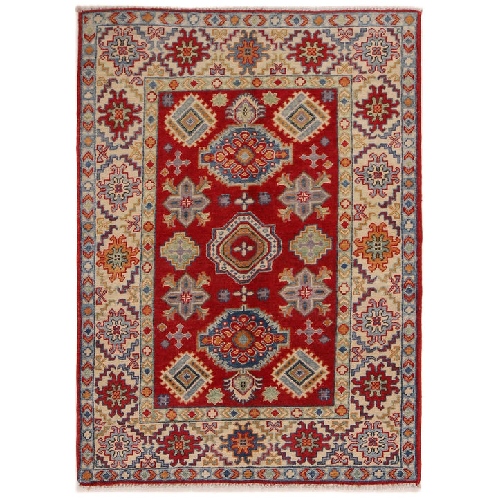 Red Afghan Kazak Rug 3' 5" x 4' 11" Hand-Knotted | No. AL63293