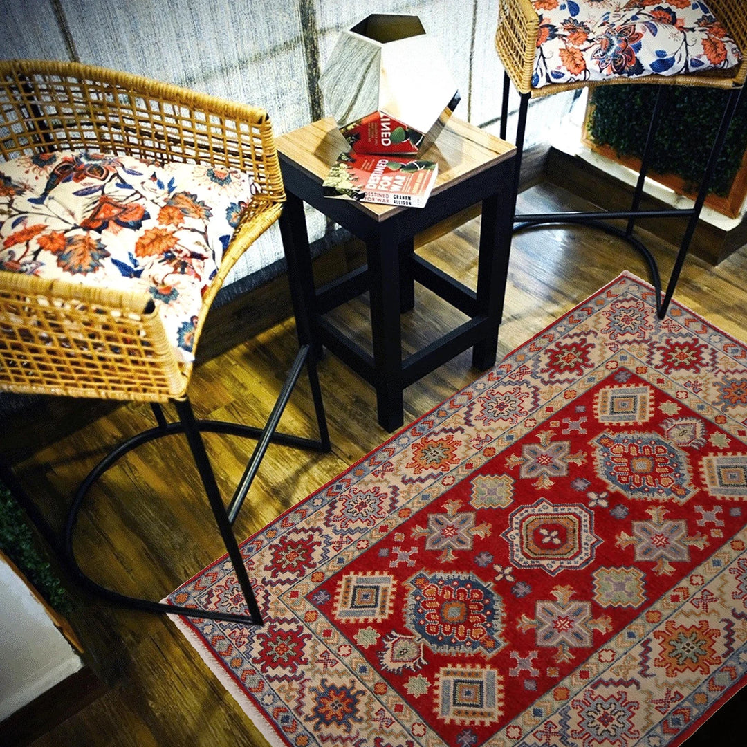 Red Afghan Kazak Rug 3' 5" x 4' 11" Hand-Knotted | No. AL63293