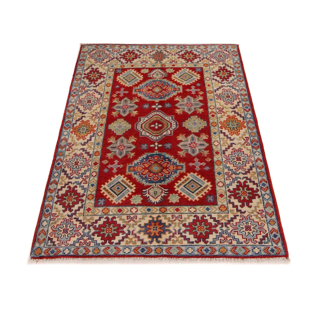 Red Afghan Kazak Rug 3' 5" x 4' 11" Hand-Knotted | No. AL63293