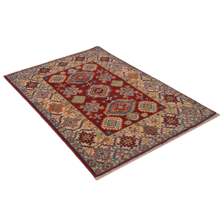 Red Afghan Kazak Rug 3' 5" x 4' 11" Hand-Knotted | No. AL63293