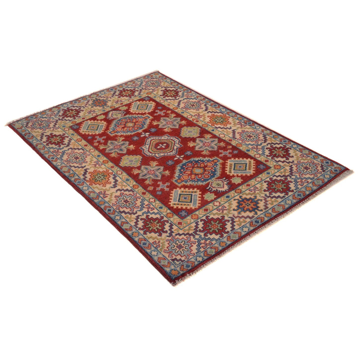 Red Afghan Kazak Rug 3' 5" x 4' 11" Hand-Knotted | No. AL63293