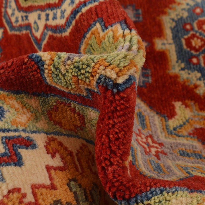 Red Afghan Kazak Rug 3' 5" x 4' 11" Hand-Knotted | No. AL63293
