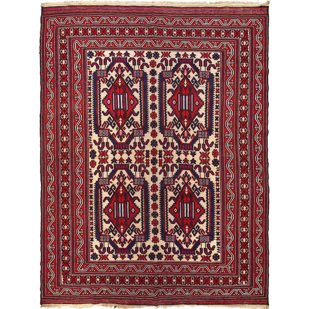 Beige Afghan Saghari Rug 7' 1" x 9' 7" Flat-Weave | No. AL63446