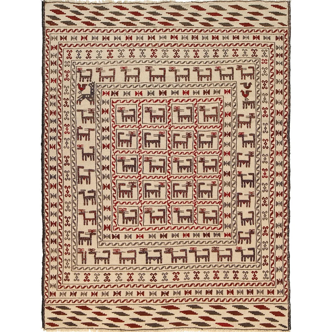 White Afghan Soumak Rug 4' 4" x 6' 2" Flat-Weave | No. AL63447
