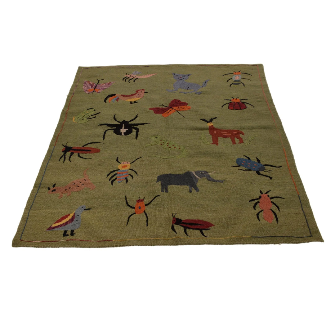 Green Afghan Oriental Rug 4' 0" x 5' 10" Hand-Knotted | No. AL63619