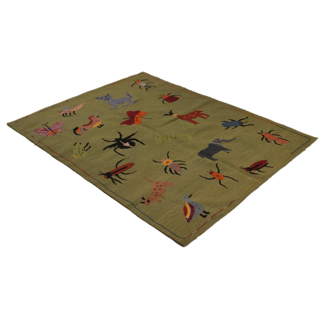 Green Afghan Oriental Rug 4' 0" x 5' 10" Hand-Knotted | No. AL63619