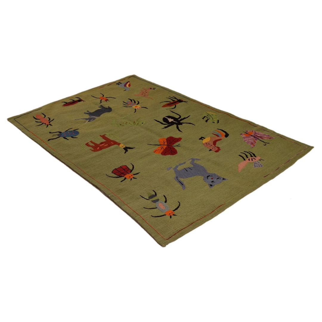 Green Afghan Oriental Rug 4' 0" x 5' 10" Hand-Knotted | No. AL63619