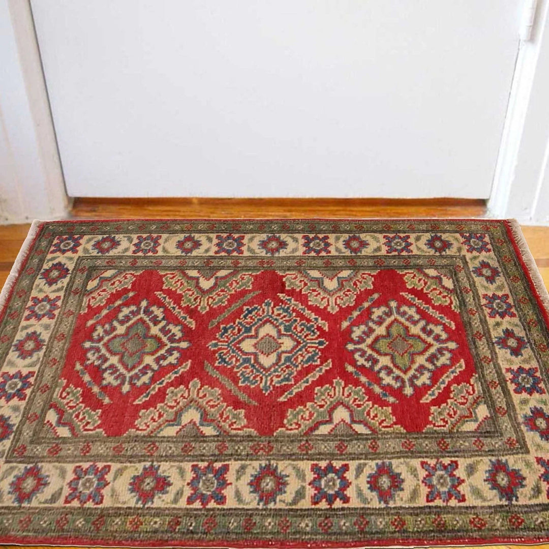 Red Afghan Kazak Rug 2' 0" x 2' 11" Hand-Knotted | No. AL63623