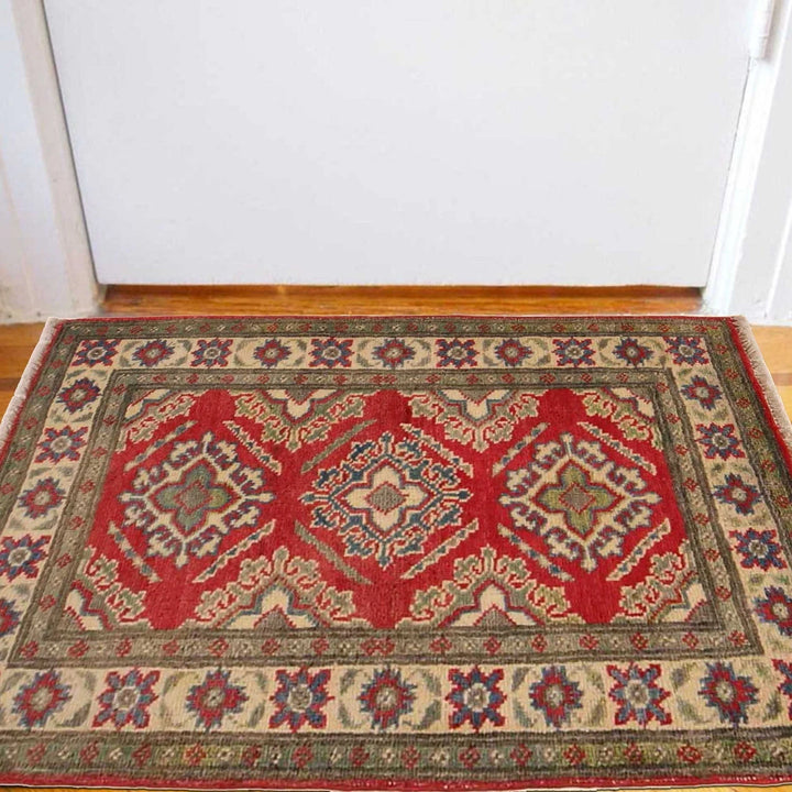 Red Afghan Kazak Rug 2' 0" x 2' 11" Hand-Knotted | No. AL63623