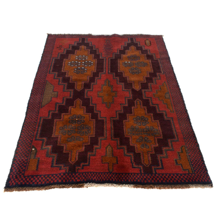 Red Afghan Baluchi Rug 4' 1" x 5' 11" Hand-Knotted | No. AL63651
