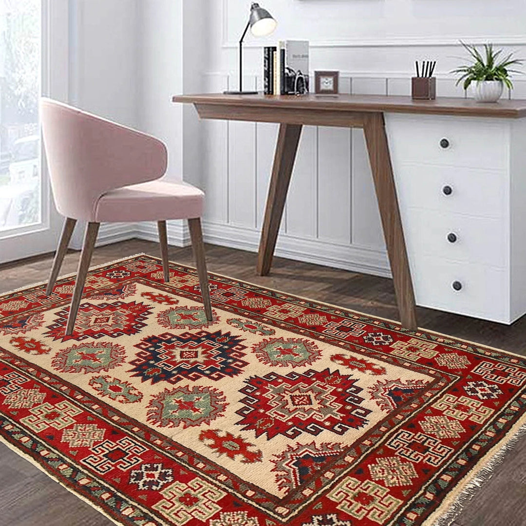 Ivory Afghan Kazak Rug 2'11" x 3'11" Hand-Knotted | No. AL63683