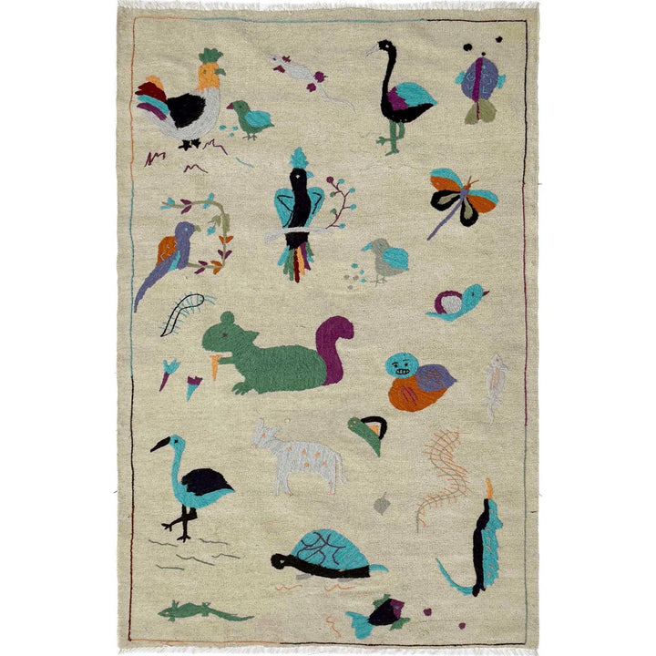 Beige Pakistani Embroidery Kilim Rug 3' 8" x 6' 3" Flat-Weave | No. AL637193
