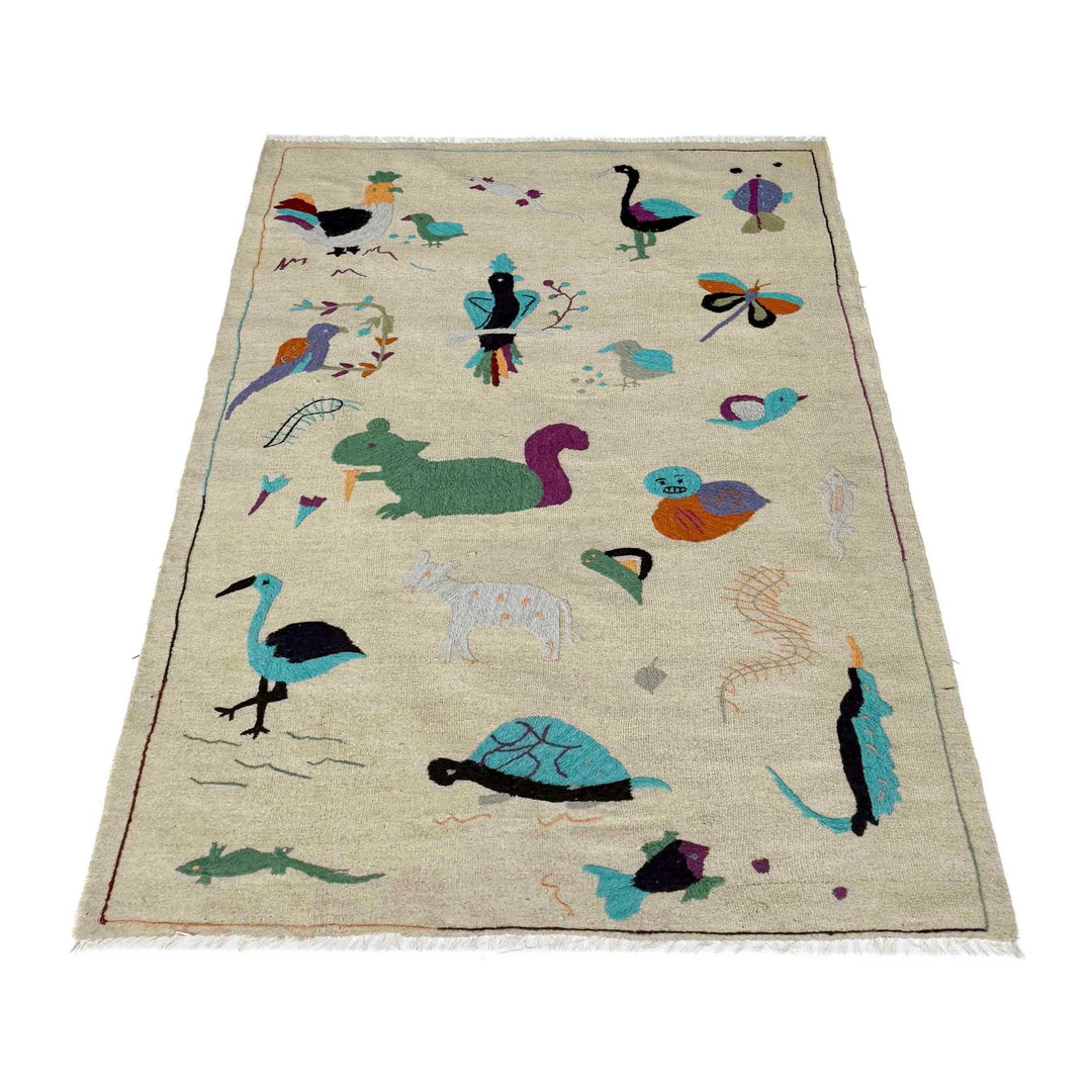 Beige Pakistani Embroidery Kilim Rug 3' 8" x 6' 3" Flat-Weave | No. AL637193