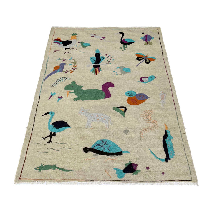 Beige Pakistani Embroidery Kilim Rug 3' 8" x 6' 3" Flat-Weave | No. AL637193