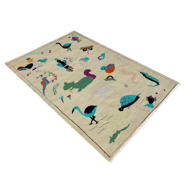 Beige Pakistani Embroidery Kilim Rug 3' 8" x 6' 3" Flat-Weave | No. AL637193
