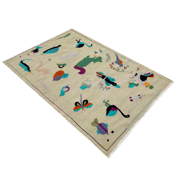 Beige Pakistani Embroidery Kilim Rug 3' 8" x 6' 3" Flat-Weave | No. AL637193