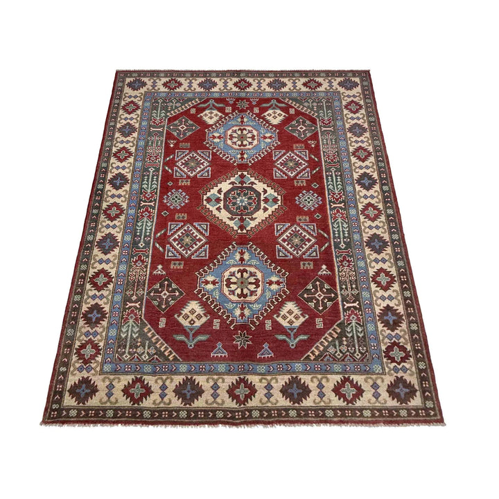 Red Afghan Kazak Rug 4' 10" x 7' 8" Hand-Knotted | No. AL637720