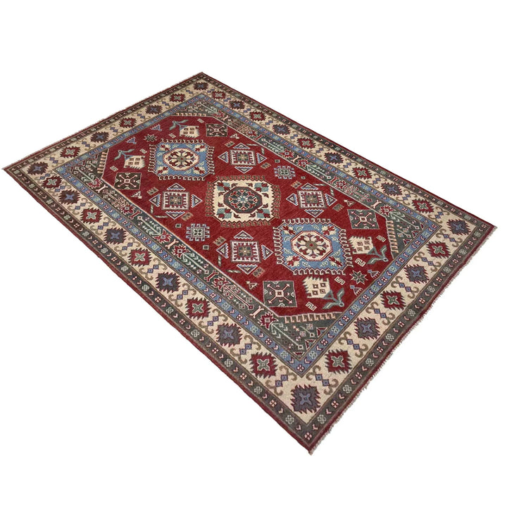 Red Afghan Kazak Rug 4' 10" x 7' 8" Hand-Knotted | No. AL637720