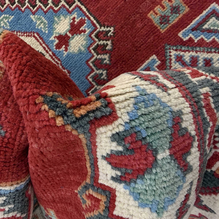 Red Afghan Kazak Rug 4' 10" x 7' 8" Hand-Knotted | No. AL637720